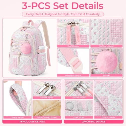WOBAGMEN 3-delt quiltet rygsæksæt til piger med madpakke og penalhus Pink Floral Patchwork Pink Floral Patchwork