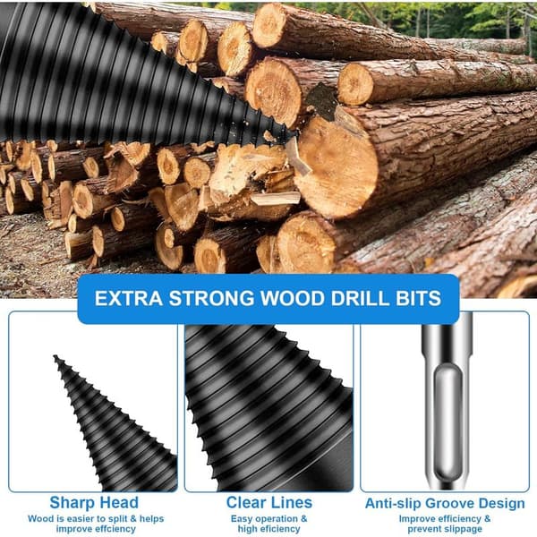 Wood Splitter Drill Bit, 32mm+42mm Log Splitter, Conical Drill Bit with 4 Handles, Conical Wood Splitter
