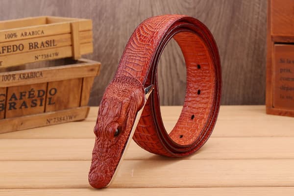 Antique Leather Belt with Crocodile Clip (Reddish Brown)