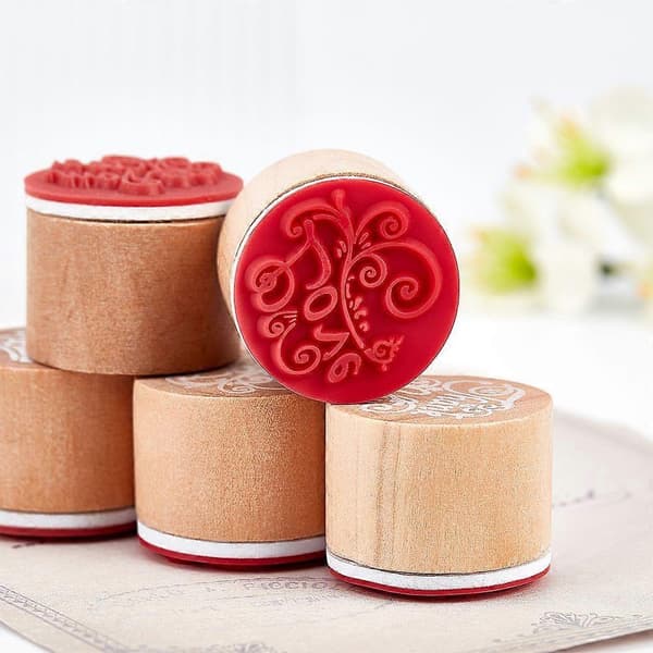 Pine Wood Stamps with Rubber Column BurlyWood 30x25mm 6 Patterns 2pcs/Pattern 12pcs/Set