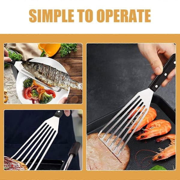 Kraftig fiskespatel i rustfrit stål med ergonomisk greb og hullet vender til grillning og stegning