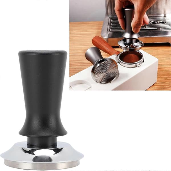 58 mm kaffetamper i rustfrit stål med automatisk kalibreret dybde og selvvægtsfordeling – sort