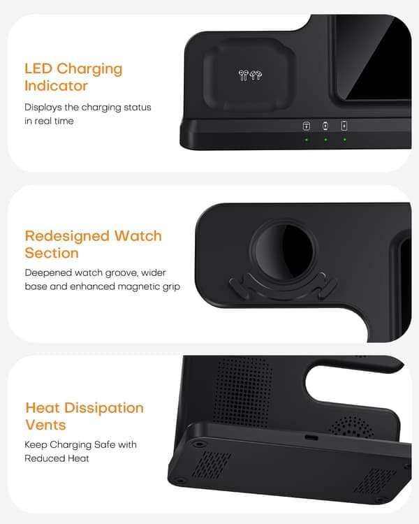 Trådløs oplader til Samsung ladestation: 3 i 1 Galaxy Watch-oplader, adapter inkluderet, sort
