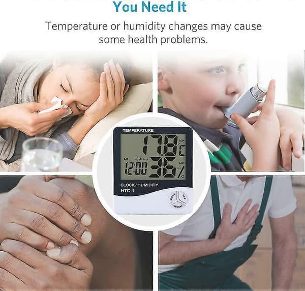 1-pack LCD digital hygrometer termometer temperaturfuktighetsmätare inomhusklocka -50 C ~ + 70 C, 10% ~ 99% Rh