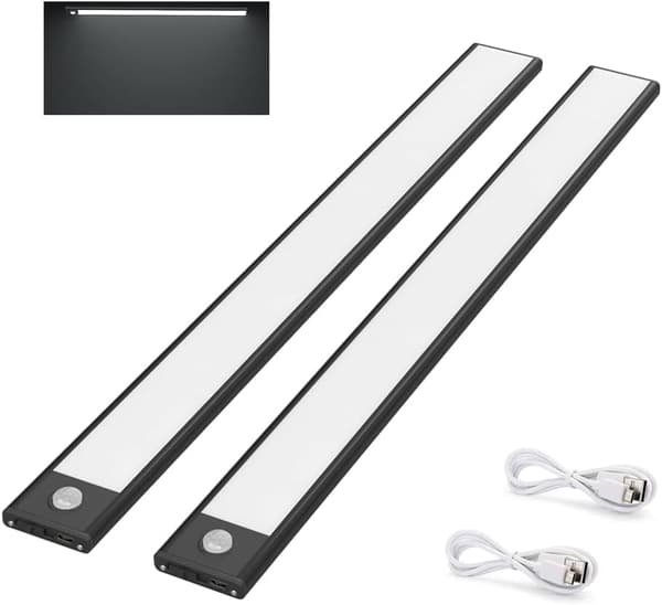 2 stk. garderobelys, 30 cm, trådløse, USB-opladelige, bevægelse