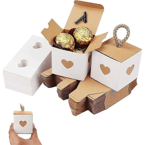 50 st Kraftpapper Godisbox, Presentbox i Papper, Hjärtformade Presentaskar, 5,5 x 5,5 x 5,5 cm Vikbar Presentask i Kraftpapper