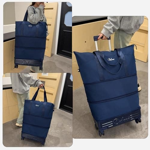 Rolling duffel bag with wheels and handle, expandable foldable carry-on with detachable wheels, personal travel bag, lightweight Deep Navy Deep Navy
