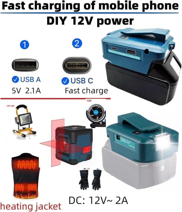 USB-sovitin Makita-akuille, tukee Type-C-pikalatausta matkapuhelimille ja sisältää LED-työvalon