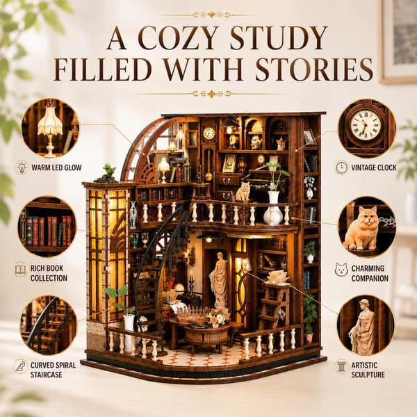 Book Nook Kit - DIY Miniature House for Adults and Teens, 3D Wooden Bookshelf Insert with LED Light, Bookshelf Decoration (Basque Study) Basque Study