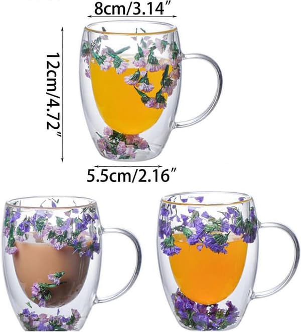 10 oz Dobbeltvæggede Borosilikatglaskrus med Elegant Tørret Blomsterdesign til Varme og Kolde Drikke