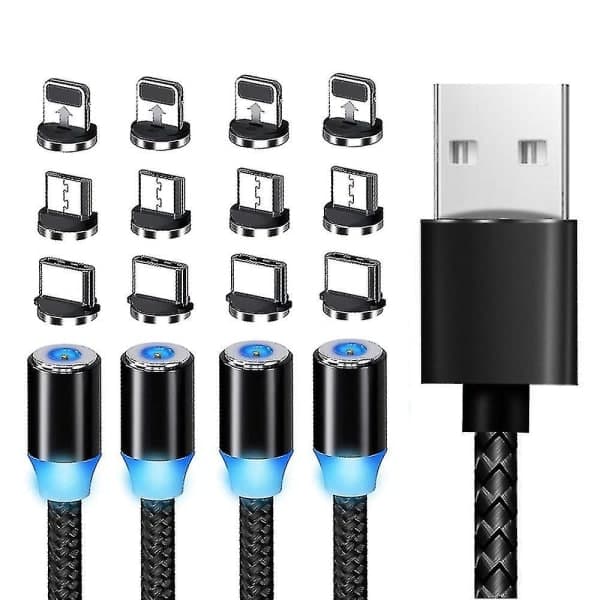 4-pakning magnetisk ladekabel, 3-i-1 selvviklende telefonkabel
