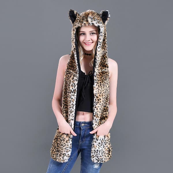 Allt-i-ett Plyschmössa för Vinter Varm Pullover Halsduk Handskar Mössa Rollek Kostym Mössa Unisex Trappermössa för Kallt Väder litet leopardmönster small leopard print