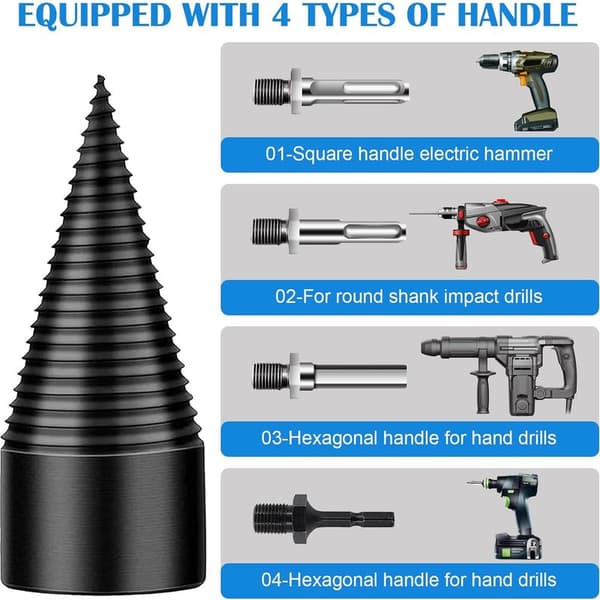 Wood Splitter Drill Bit, 32mm+42mm Log Splitter, Conical Drill Bit with 4 Handles, Conical Wood Splitter