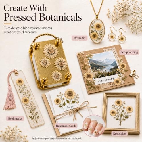 Mini Flower Press Keychain - Handmade Gold Metal Micro Press Kit with 20 Sheets Sunflower Sunflower