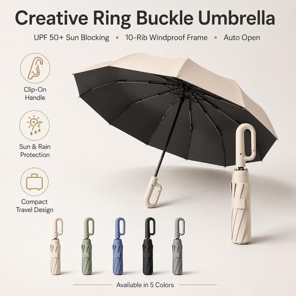 Creative Ring Buckle Wind-Resistant Reinforced Umbrella, UPF 50+ Sun Protection Automatic Folding Umbrella with Carabiner, 10-Rib Frame, Compact Black Black
