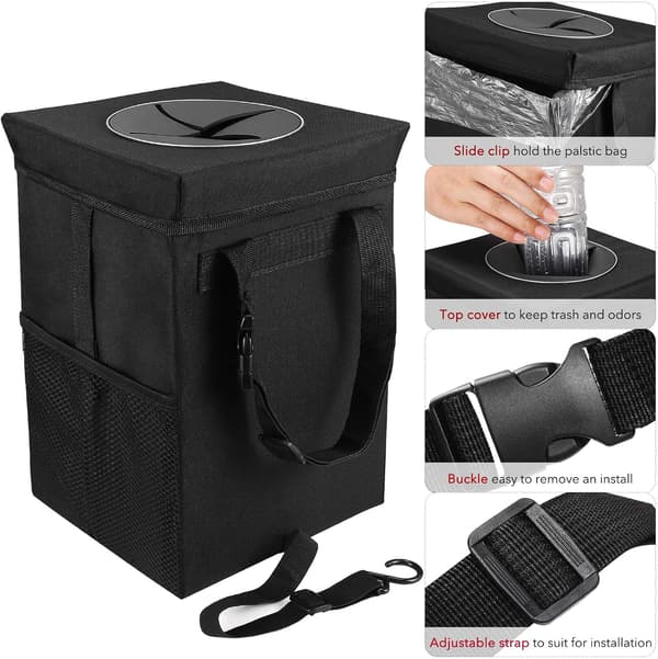 Car Trash Can with Lid - Hanging Car Trash Can with Storage Pocket