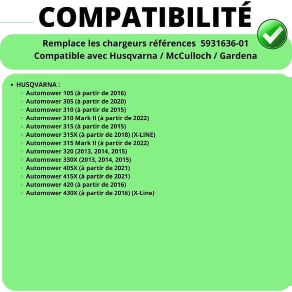 Batterioplader 28V - Husqvarna - Robotplæneklipper 105/310/315X - Universal - Elektrisk - Sort - Perfekt