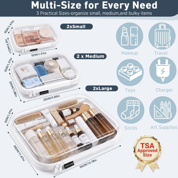 Clear Hard Shell Zippered Makeup Organizer Bags TSA Approved White 3 Pack (M+2S) White 3 Pack (M+2S)