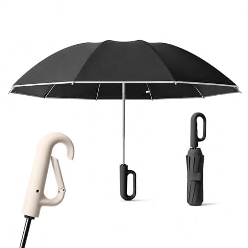 Creative Ring Buckle Wind-Resistant Reinforced Umbrella, UPF 50+ Sun Protection Automatic Folding Umbrella with Carabiner, 10-Rib Frame, Compact Black Black
