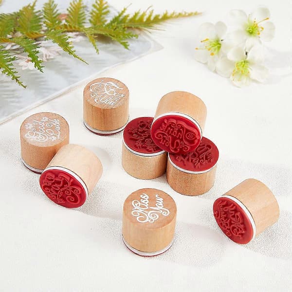 Pine Wood Stamps with Rubber Column BurlyWood 30x25mm 6 Patterns 2pcs/Pattern 12pcs/Set