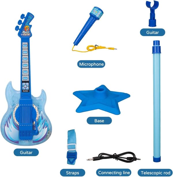 TAKIHON Barn Gitarr & Mikrofon Set med Musik LED Ljus, Justerbart Stativ Karaoke Leksak Blå Uppgraderad Blå Blue
