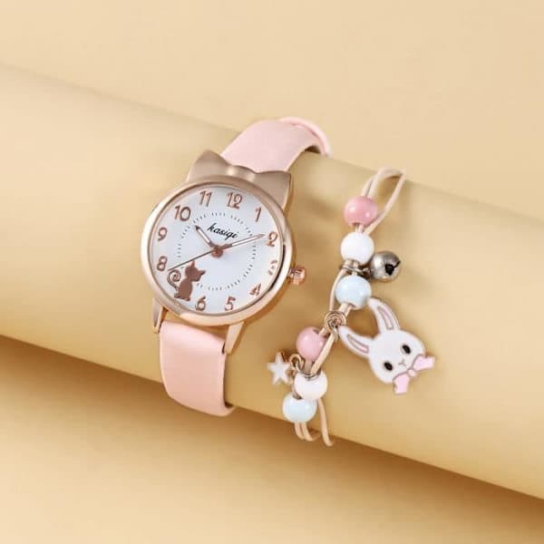 SHARPHY Barnklocka Set för Flickor + Kaninarmband - Quartz Katt Läderrem Student Söt Mode Rosa-FY-