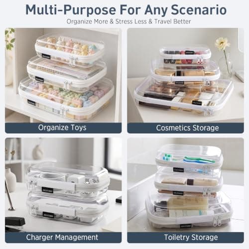 Clear Hard Shell Zippered Makeup Organizer Bags TSA Approved White 3 Pack (M+2S) White 3 Pack (M+2S)