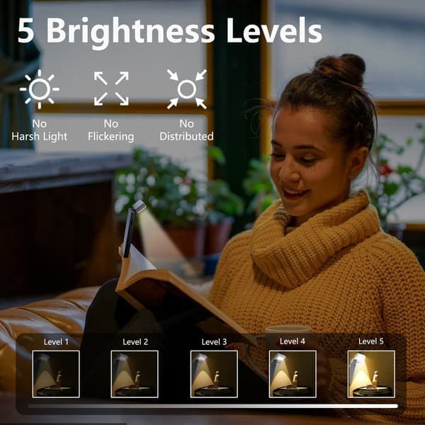 Portable USB Rechargeable LED Book Light with Clip for Reading in Bed, Adjustable Brightness, Dimmable Bookmark Lamp Grey Grey gray gray