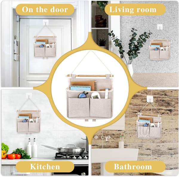 Wall-mounted storage bag, 3 compartments with hooks, off-white, for home and office