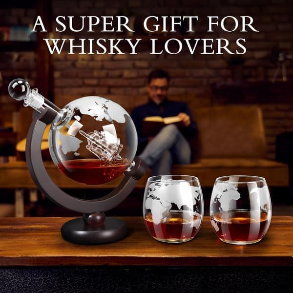 Whiskey Decanter Set with Engraved Globe - 850ml Spherical Decanter with 2 Engraved Whiskey Glasses for Bourbon Scotch Cocktails, Gift for Men
