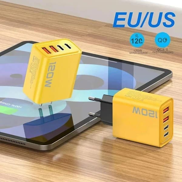 Total 120W Hurtigoplader Type C Quick Charge 3.0 USB Oplader Adapter til iPhone Samsung Xiaomi PD USB Oplader Hurtigopladningsstik EU Gul