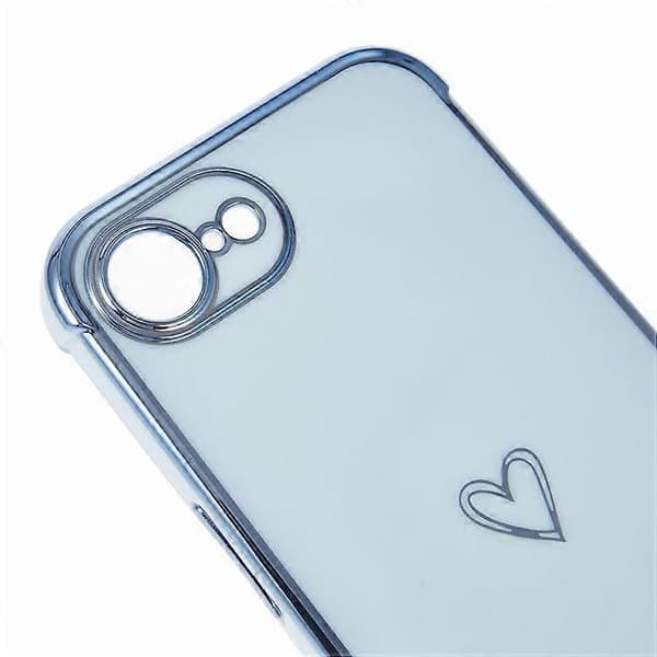 Etui til iPhone 16e, kjærlighetsmønster, TPU-telefonetui, galvanisert kant (blå)