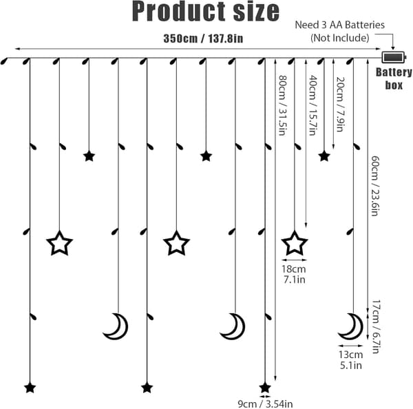 Stjerneformede gardinlys, 3,5 m måneformede gardinlys Ramadan, LED-stjernelys, stjernegardinlys, dekorativt lys for vindu, jul-FX-