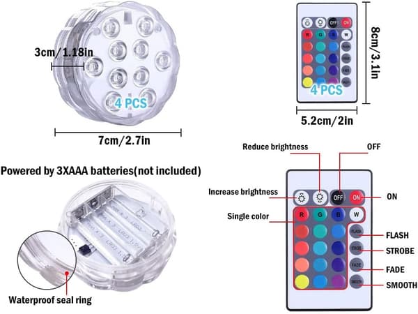 4-pack sänkbara LED-lampor, vattentät undervattensbelysning, med fjärrkontroll