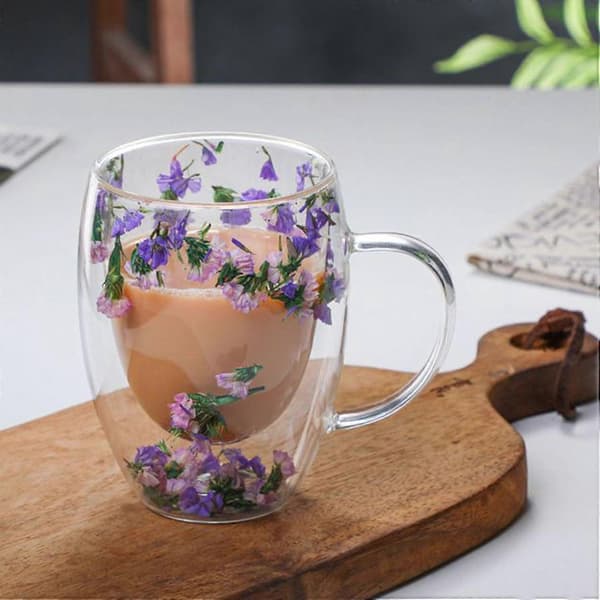 10 oz Dobbeltvæggede Borosilikatglaskrus med Elegant Tørret Blomsterdesign til Varme og Kolde Drikke