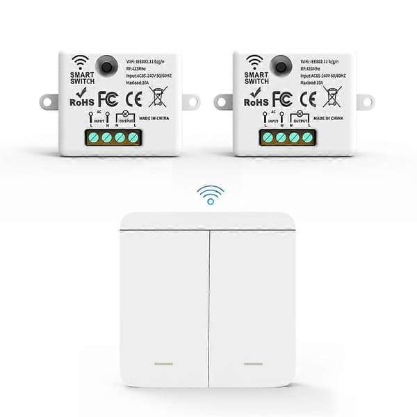 2 PCS Wireless Light Wall Switch RF 433Mhz Relay Receiver with 1x 2-way Panel Switch LED Remote Control (FMY) White White