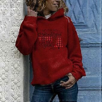 Julefleece-trøjer til kvinder, langærmede, fluffy sweatshirts, julegrafik-trøjer, afslappet sød pullover-top med hætte, rød S rød S Red S