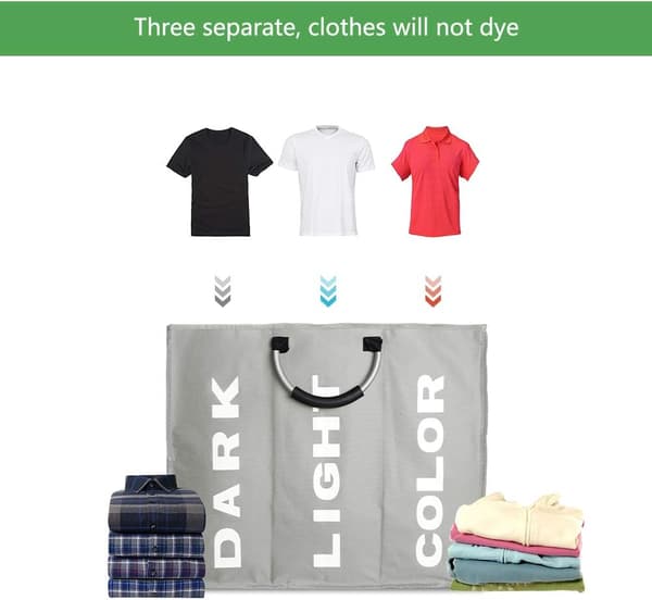 Large 3-Section Laundry Hamper, Foldable Fabric Storage Bag for Clothes with Handles 85L 60x32cm Grey
