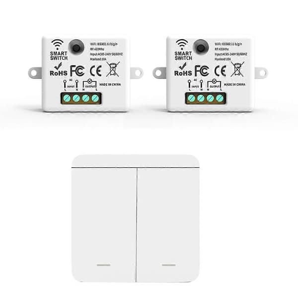 2 PCS Wireless Light Wall Switch RF 433Mhz Relay Receiver with 1x 2-way Panel Switch LED Remote Control (FMY) White White