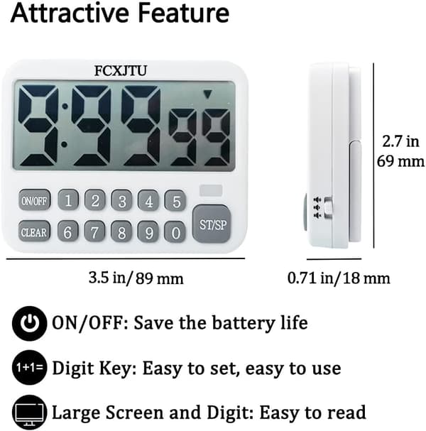 Multifunksjonell digital timer, intervalltimer for økt produktivitet, nedtellingstimer for ulike aktiviteter, minnefunksjon for brukere