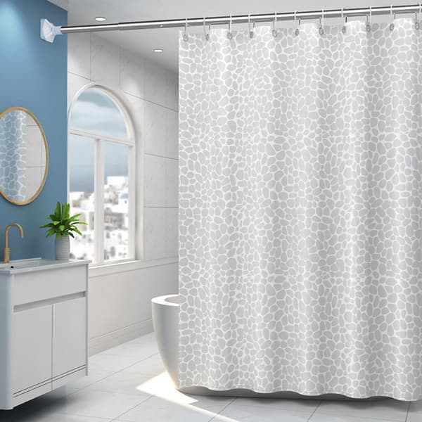 180 x 200 cm, laget av PEVA-stoff, hvit finish, dusjforheng med 12 ringer