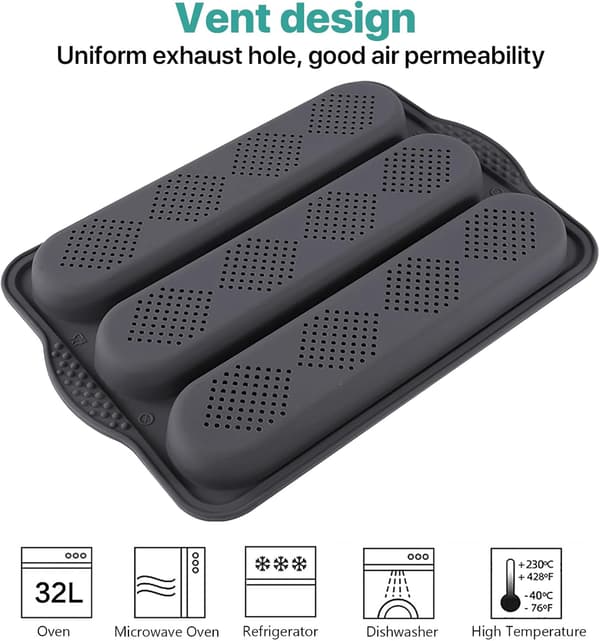 Silikone baguetteform, højtemperaturbestandig, fransk brødform, non-stick bageform med 3 rum