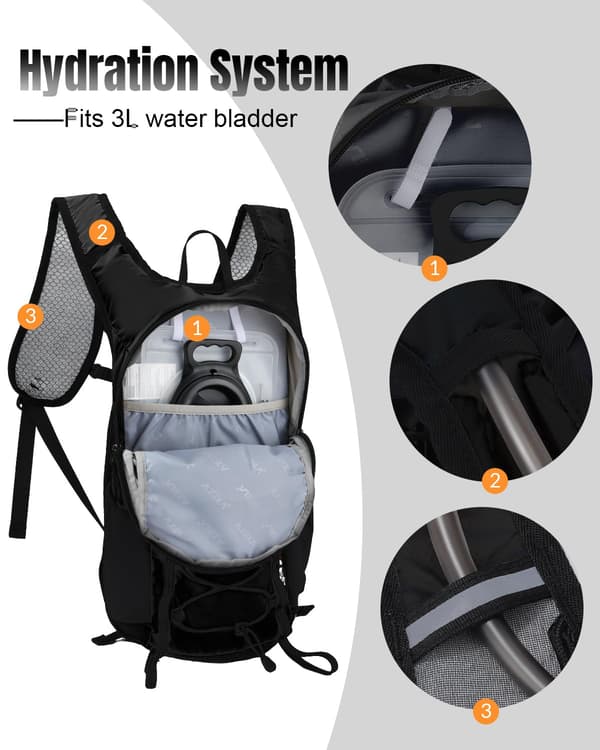 Small hiking backpack with 3D sponge back panel for men and women, 15L waterproof lightweight cycling backpack with chest strap and helmet buckle & Black Black
