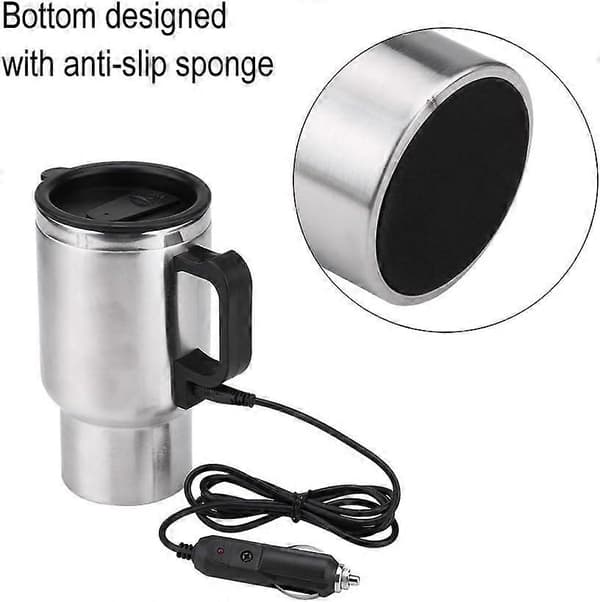 Bilvannkoker 450 ml Rustfritt Stål 12V Oppvarmet Reisekrus for Kaffe Te og Varmt Vann