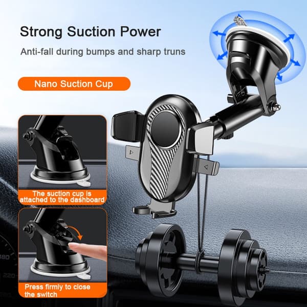 Car Phone Holder, Carbon Fiber 360° Rotating Adjustable Arm with Strong Suction Cup, Universal Dashboard and Window Mount, Black