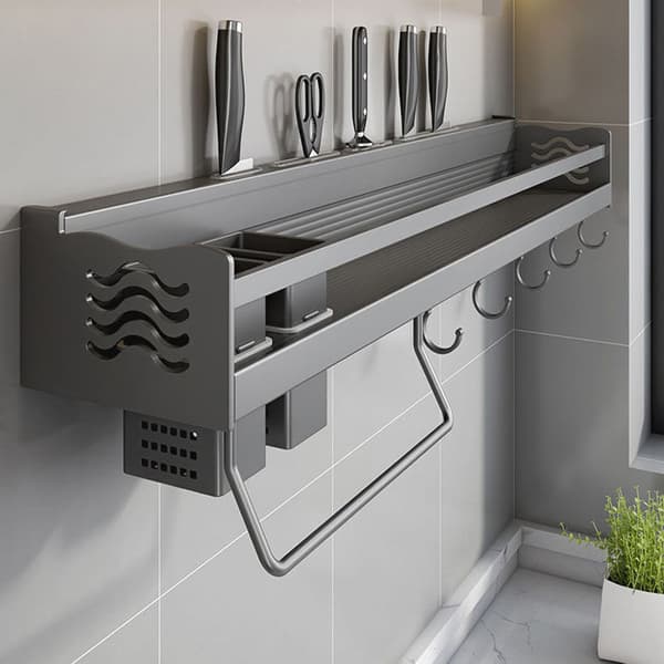 Spice Rack, Wall Mounted Kitchen Shelf, No Drilling Required, Spice Holder with 6 Removable Hooks, Can Hold Spices, Hang Spatulas