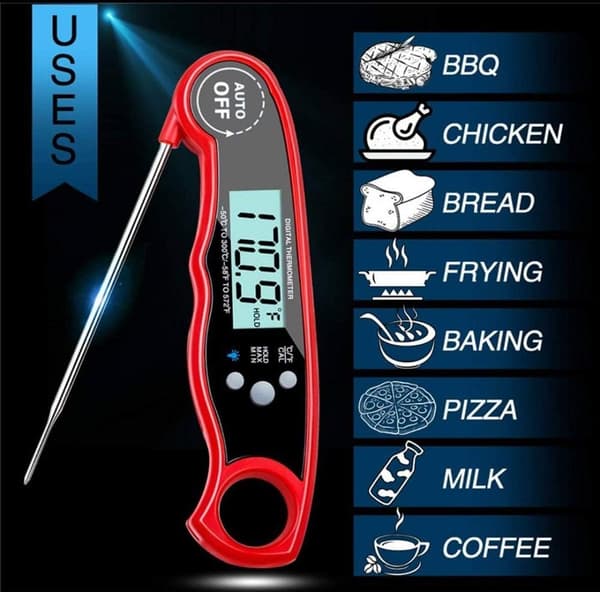 Sammenfoldeligt vandtæt grilltermometer, køkkengrill madtermometer