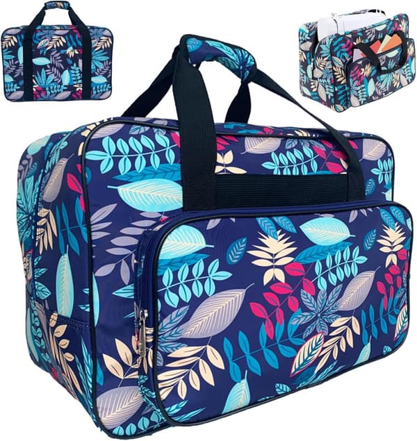 Universal Sewing Machine Bag, Nylon Storage Bag with Padded Handle and Accessory Pockets for Travel and Classes, Blue Leaf Pattern 43x23x32cm
