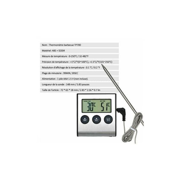 Madlavningstermometer med alarmtimerfunktion, madtemperaturmåler til køkken BBQ