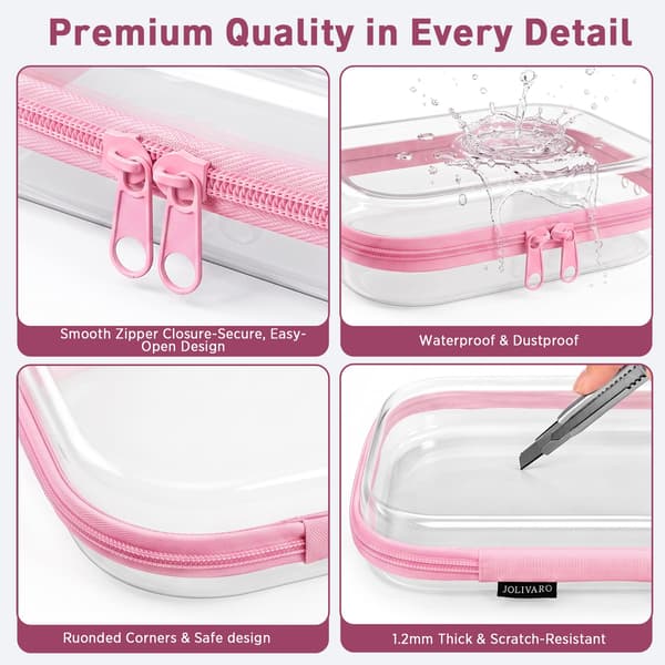Clear Hard Shell Zippered Makeup Storage Organizer Bags TSA Approved Pink 3 Pack (M+2S) Pink 3 Pack (M+2S)